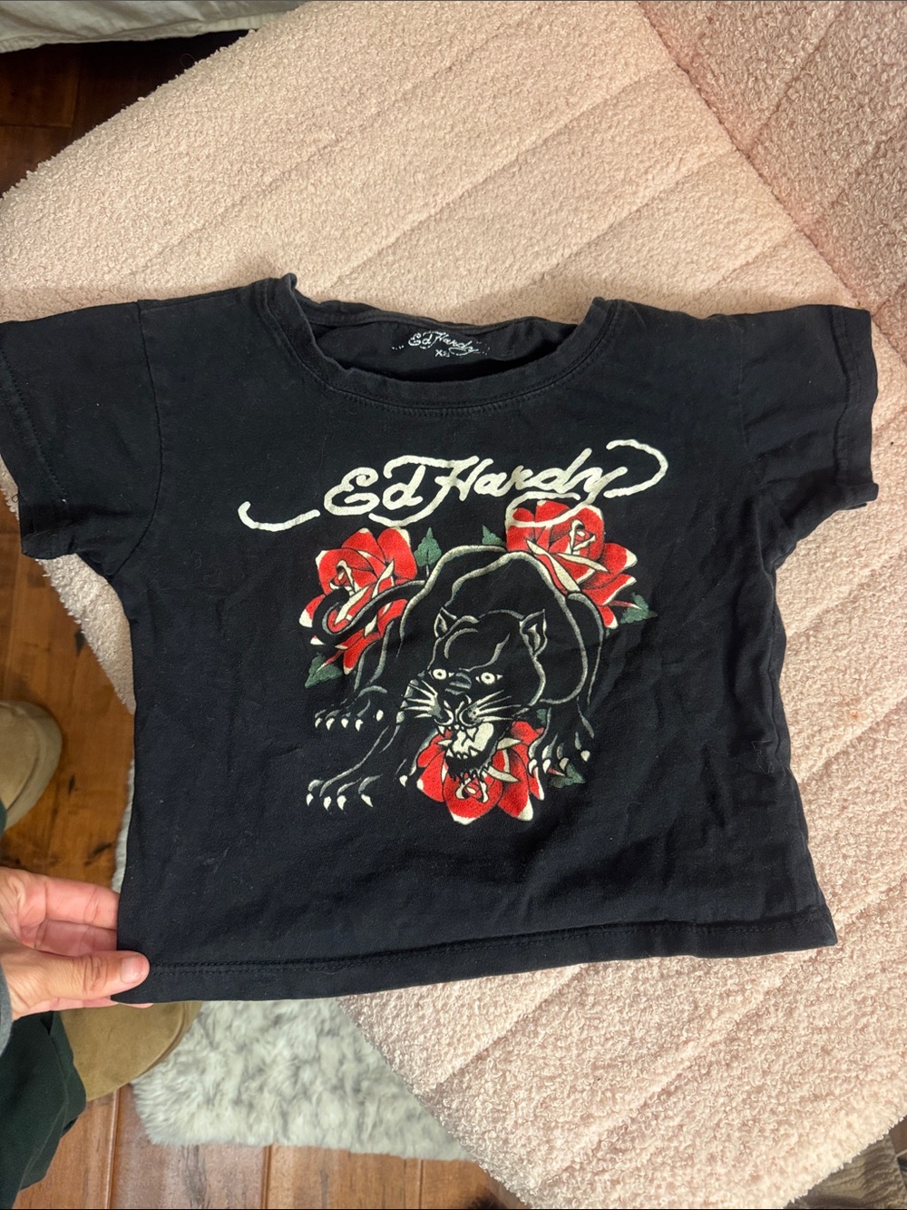Ed Hardy Black crop top with Panther and Red Rose Graphic